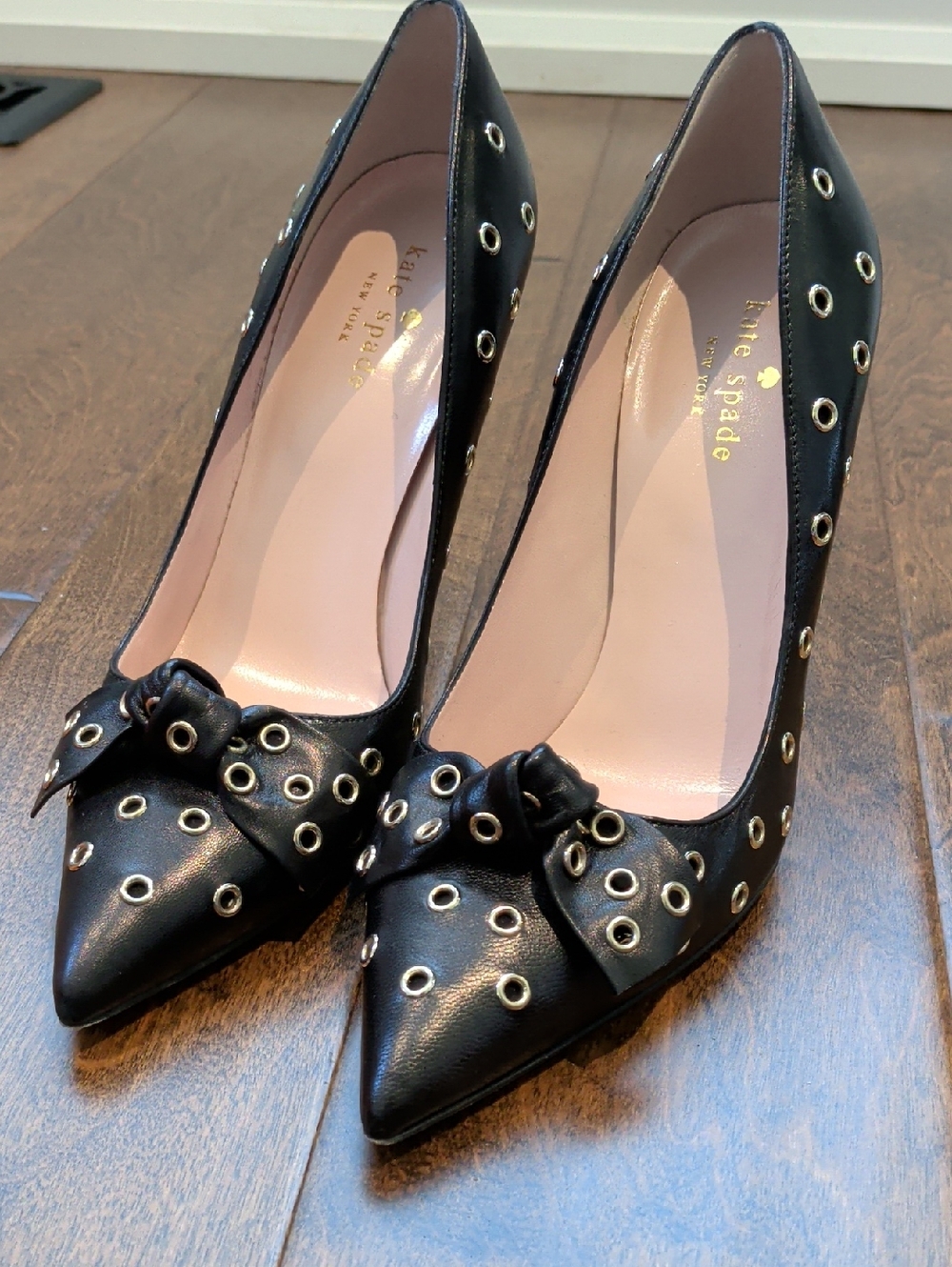 kate spade Black Leather Eyelet Bow Pointed-Toe Heels